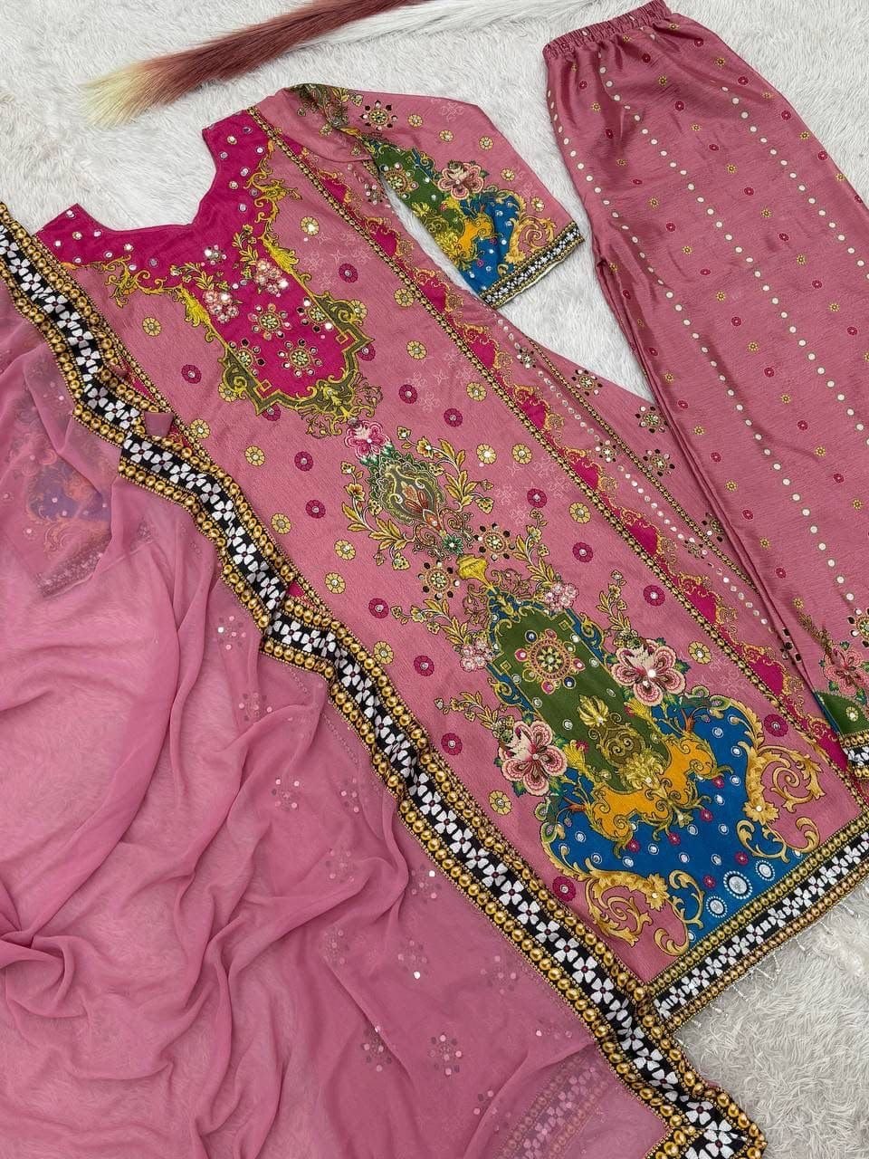 Premium Digital Print A-Line Kurta - Palazzo with Dupatta - Pink